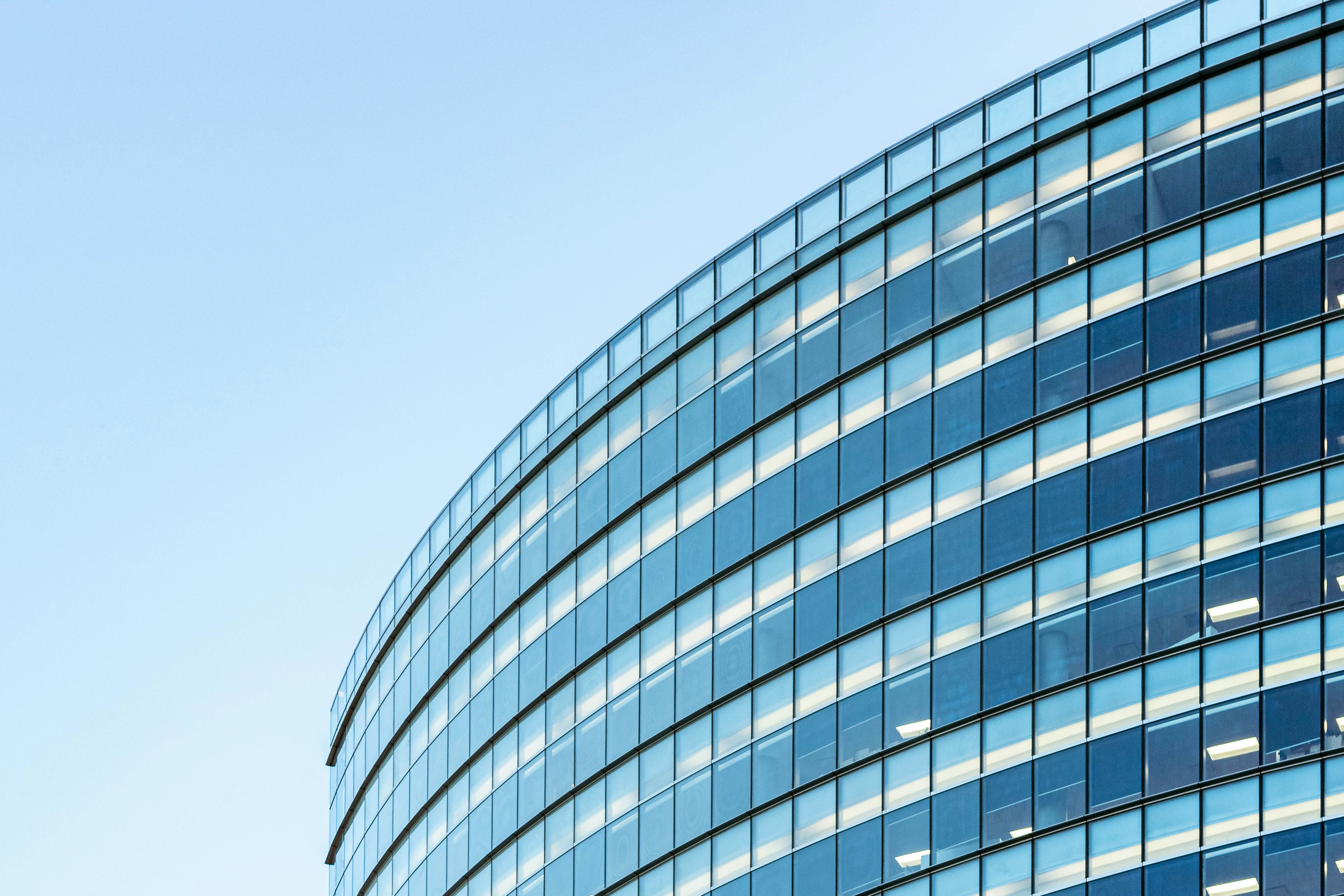 White and blue glass-walled building